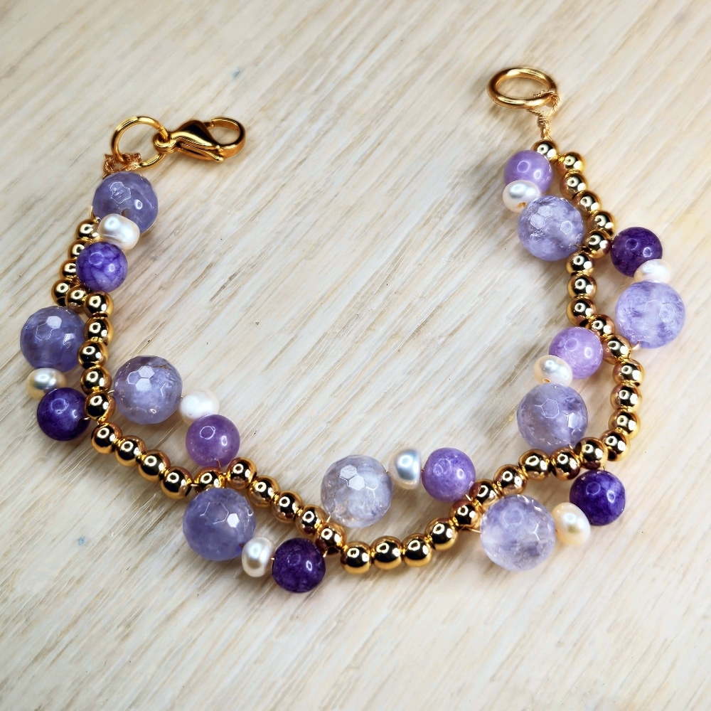 Celestial & Regal Natural Lavender Jade & Mystical Amethyst  Handwoven Bracelet